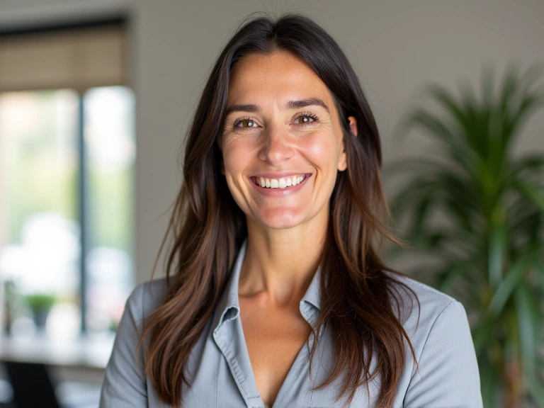 Ritratto professionale della nutrizionista Sarah Rossi, sorridente e accogliente, in un ambiente luminoso.