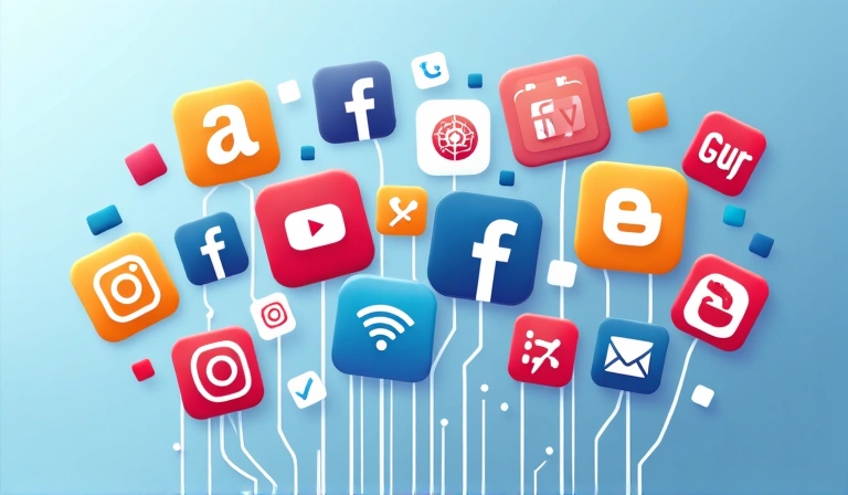 Un gruppo di icone di social media fluttuanti e interconnesse, che simboleggiano la connettività e la comunità online.