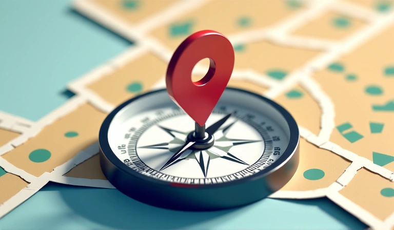 Una moderna bussola su una mappa stilizzata, che indica la posizione con un'icona a forma di spillo, che simboleggia la facile localizzazione.