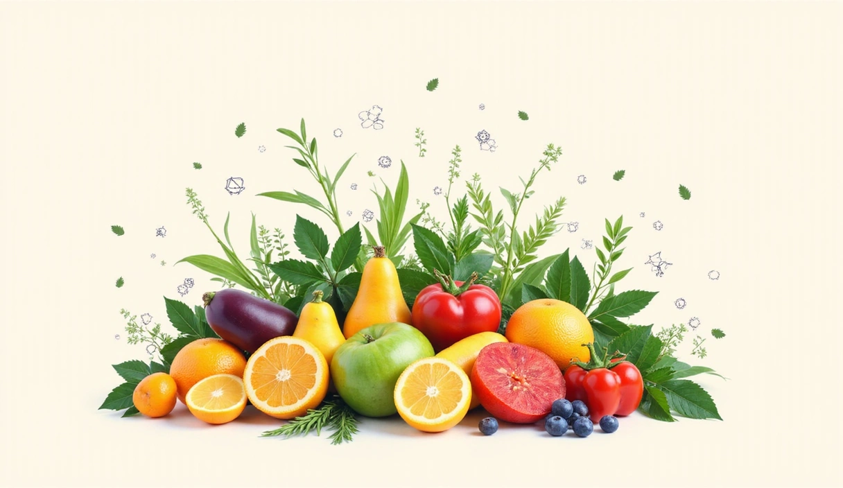 Immagine che rappresenta un approccio olistico alla nutrizione con elementi naturali e scientifici