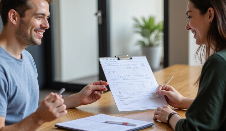 Immagine di una sessione di follow-up, con una persona che prende appunti e un'altra che sorride, indicando progresso