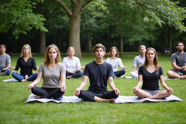 Gruppo di persone che medita in un parco.