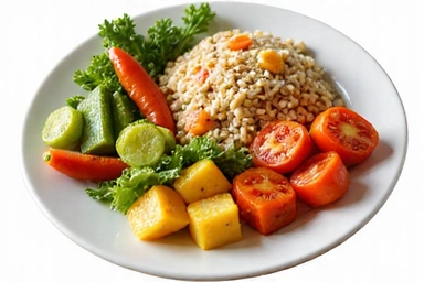 Piatto colorato con verdure fresche e proteine.