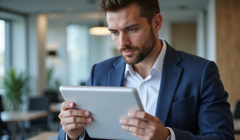 Persona che legge un documento legale su un tablet